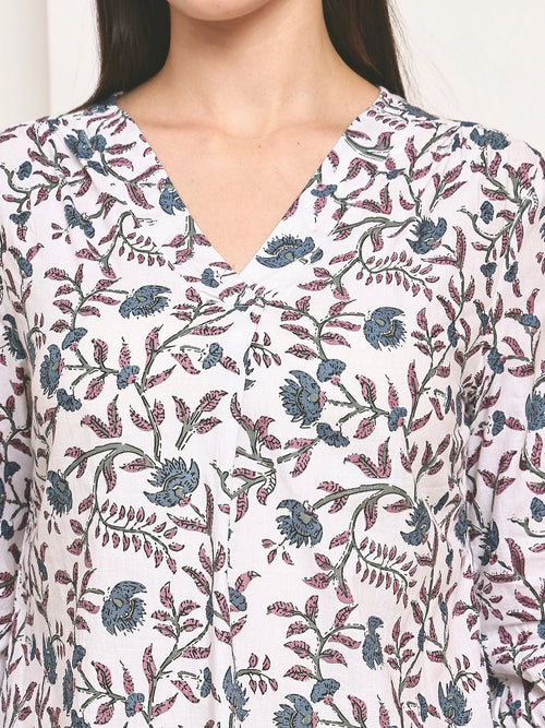 White Floral Printed V-Neck A-Line Pure Cotton Top