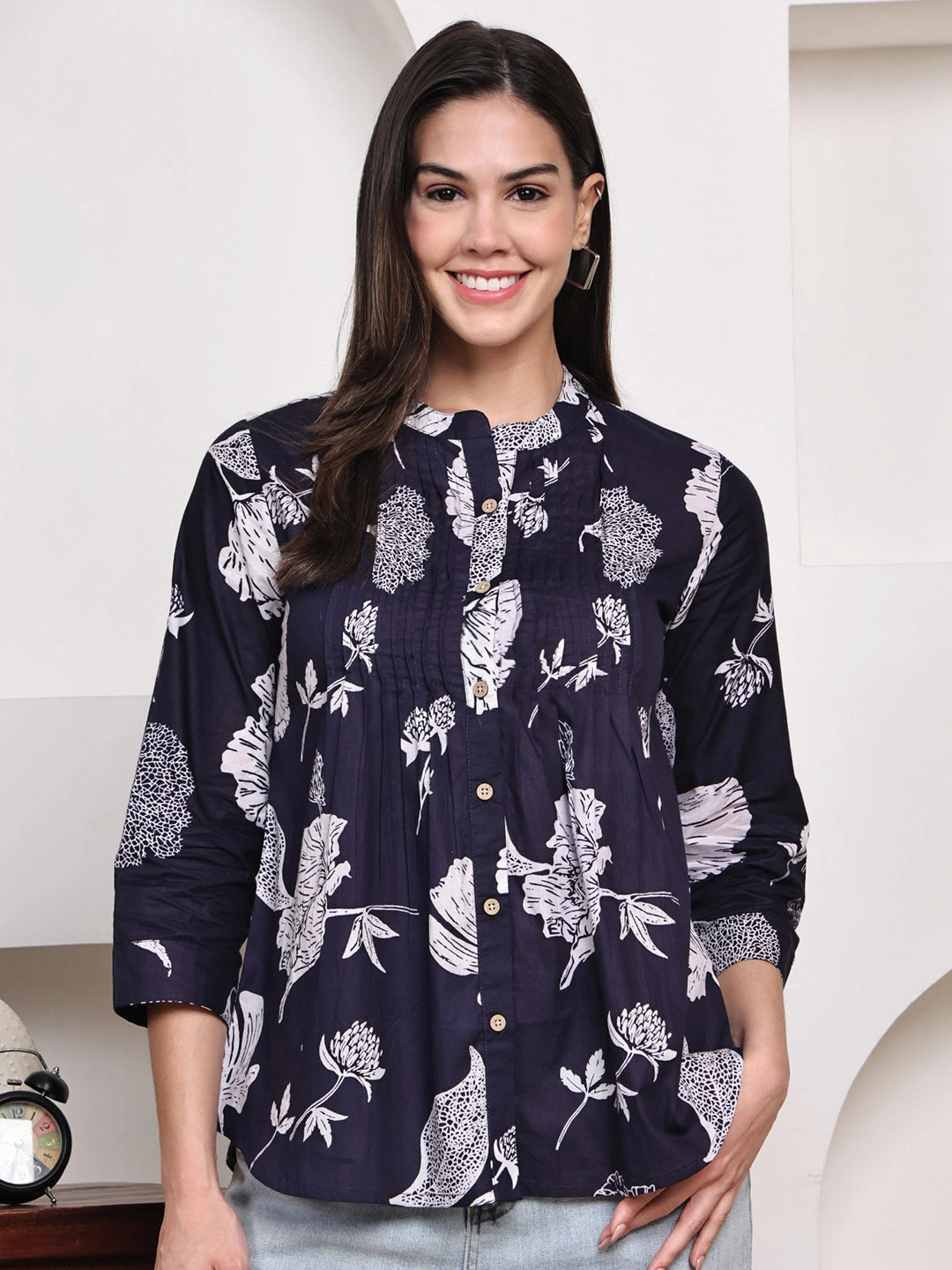 Navy Blue Floral Pintuck Buttoned Pure Cotton Tops