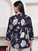 Navy Blue Floral Pintuck Buttoned Pure Cotton Tops