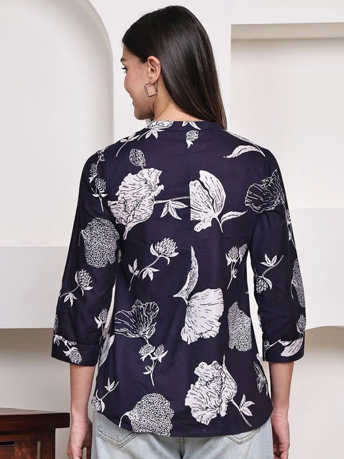 Navy Blue Floral Pintuck Buttoned Pure Cotton Tops