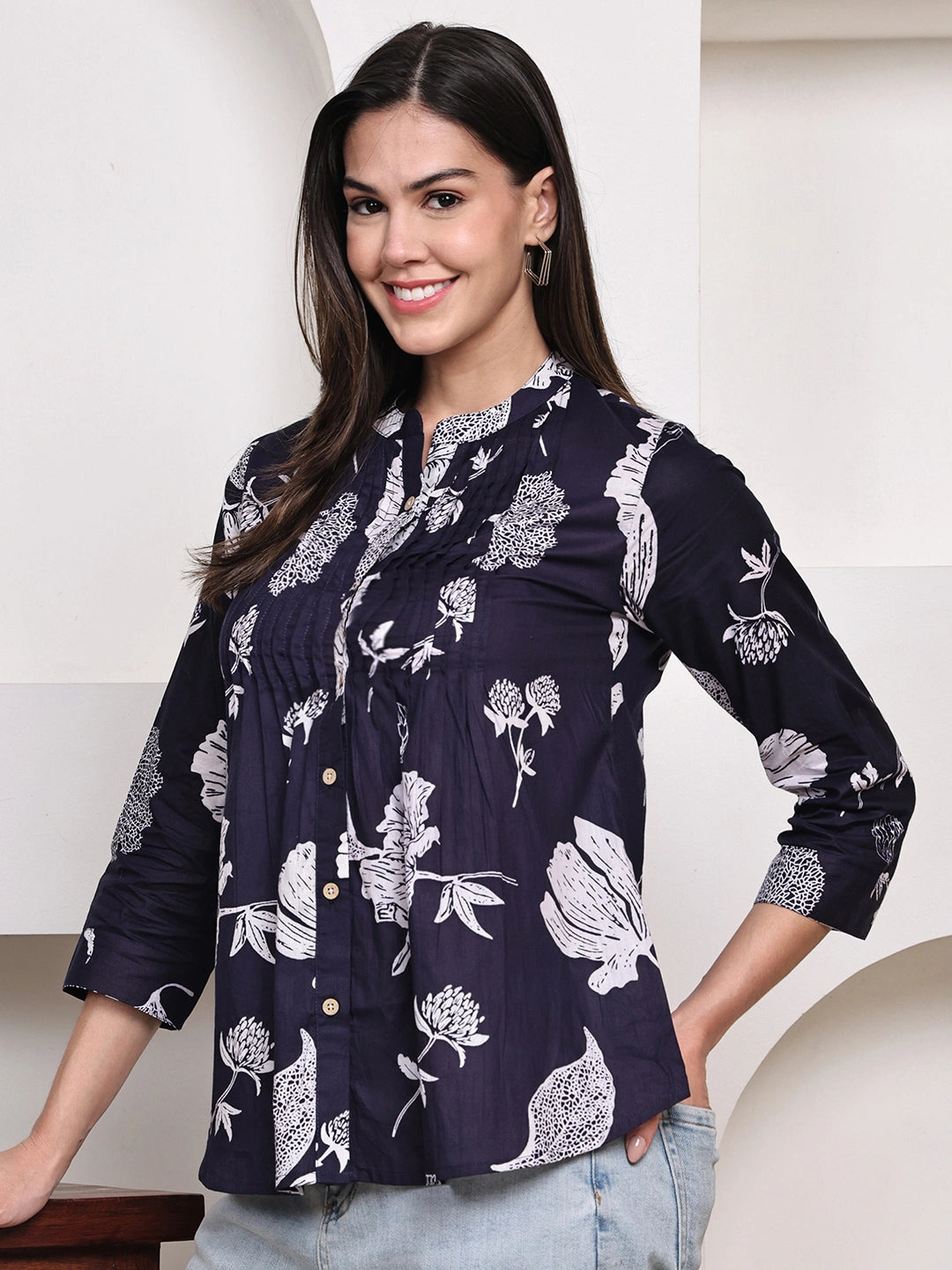 Navy Blue Floral Pintuck Buttoned Pure Cotton Tops