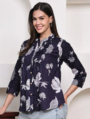 Navy Blue Floral Pintuck Buttoned Pure Cotton Tops