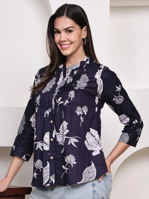 Navy Blue Floral Pintuck Buttoned Pure Cotton Tops