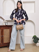 Navy Blue Floral Pintuck Buttoned Pure Cotton Tops