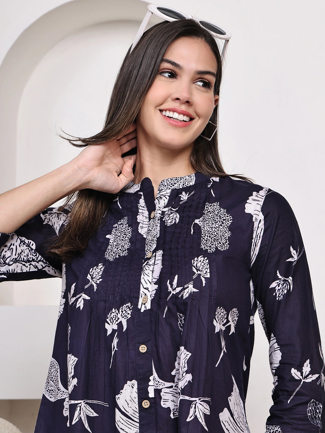 Navy Blue Floral Pintuck Buttoned Pure Cotton Tops