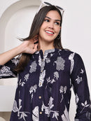 Navy Blue Floral Pintuck Buttoned Pure Cotton Tops