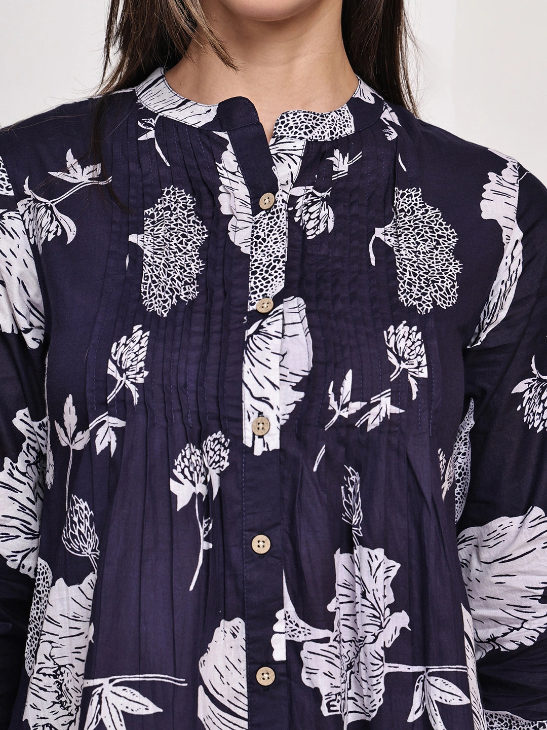 Navy Blue Floral Pintuck Buttoned Pure Cotton Tops