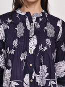 Navy Blue Floral Pintuck Buttoned Pure Cotton Tops