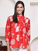 Red  Floral Pintuck Buttoned Pure Cotton Tops