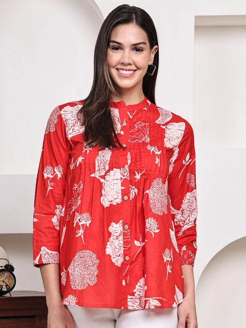 Red  Floral Pintuck Buttoned Pure Cotton Tops