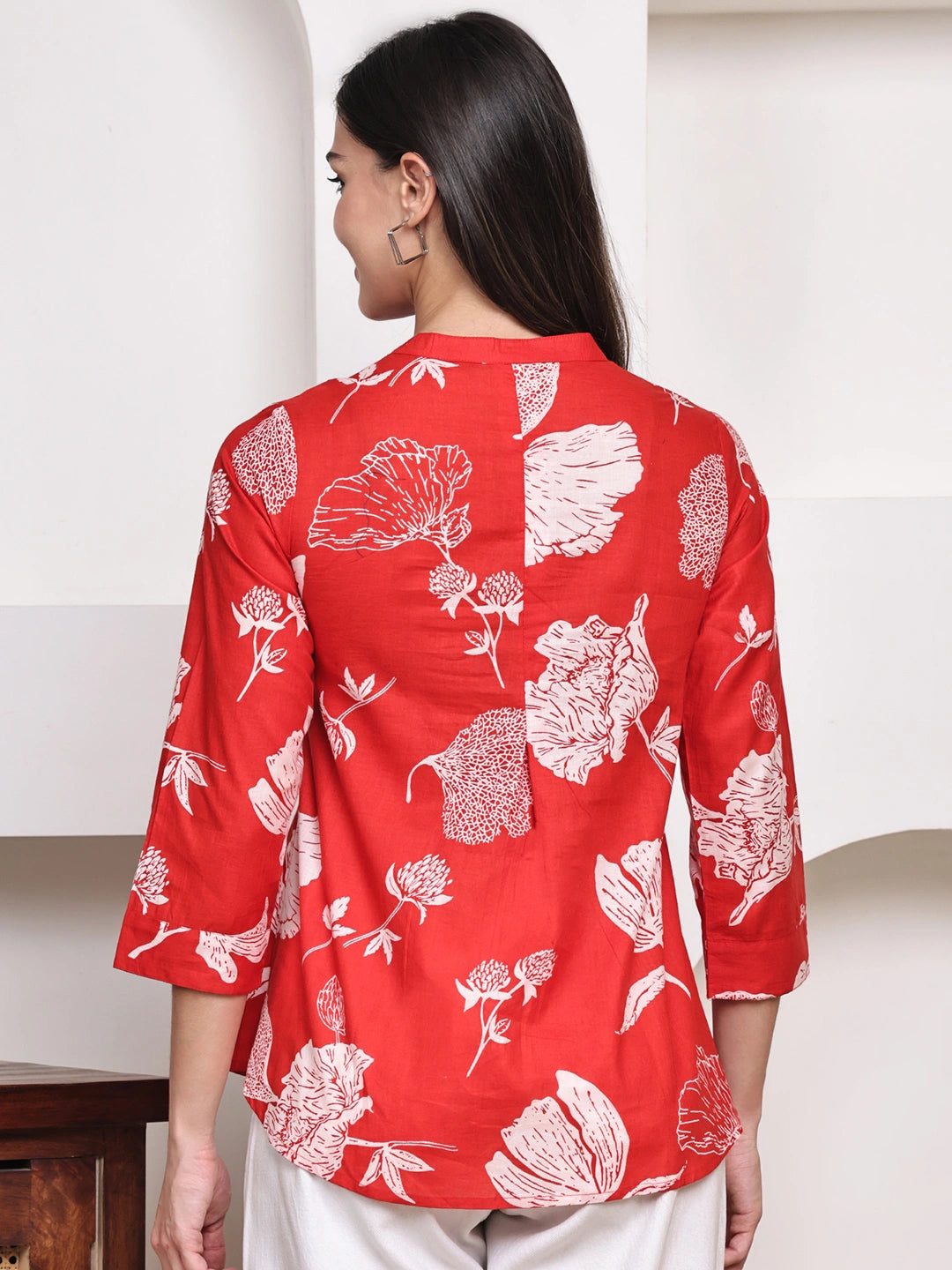 Red  Floral Pintuck Buttoned Pure Cotton Tops