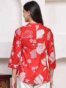 Red  Floral Pintuck Buttoned Pure Cotton Tops