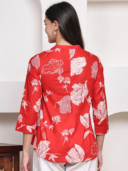 Red  Floral Pintuck Buttoned Pure Cotton Tops
