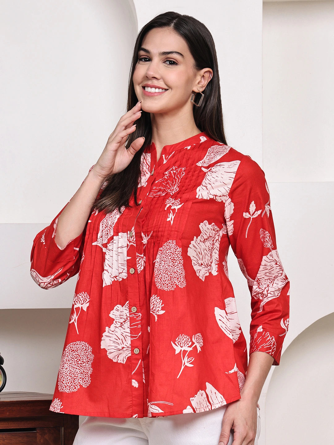 Red  Floral Pintuck Buttoned Pure Cotton Tops