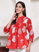 Red  Floral Pintuck Buttoned Pure Cotton Tops