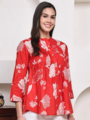 Red  Floral Pintuck Buttoned Pure Cotton Tops