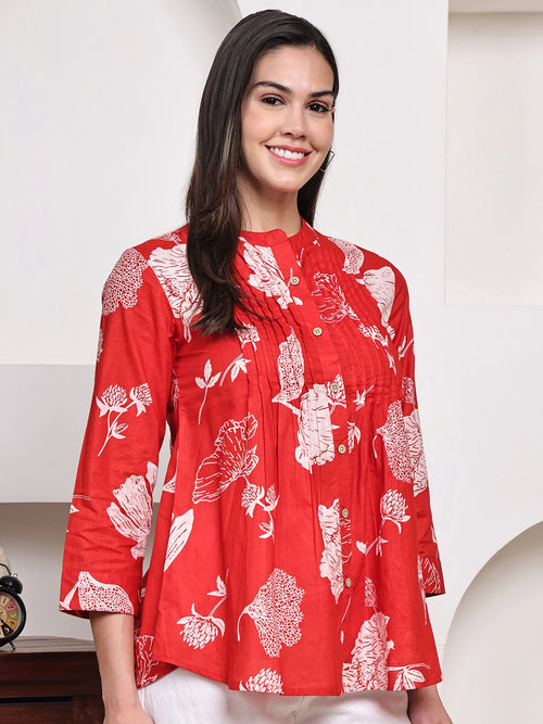Red  Floral Pintuck Buttoned Pure Cotton Tops