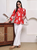 Red  Floral Pintuck Buttoned Pure Cotton Tops