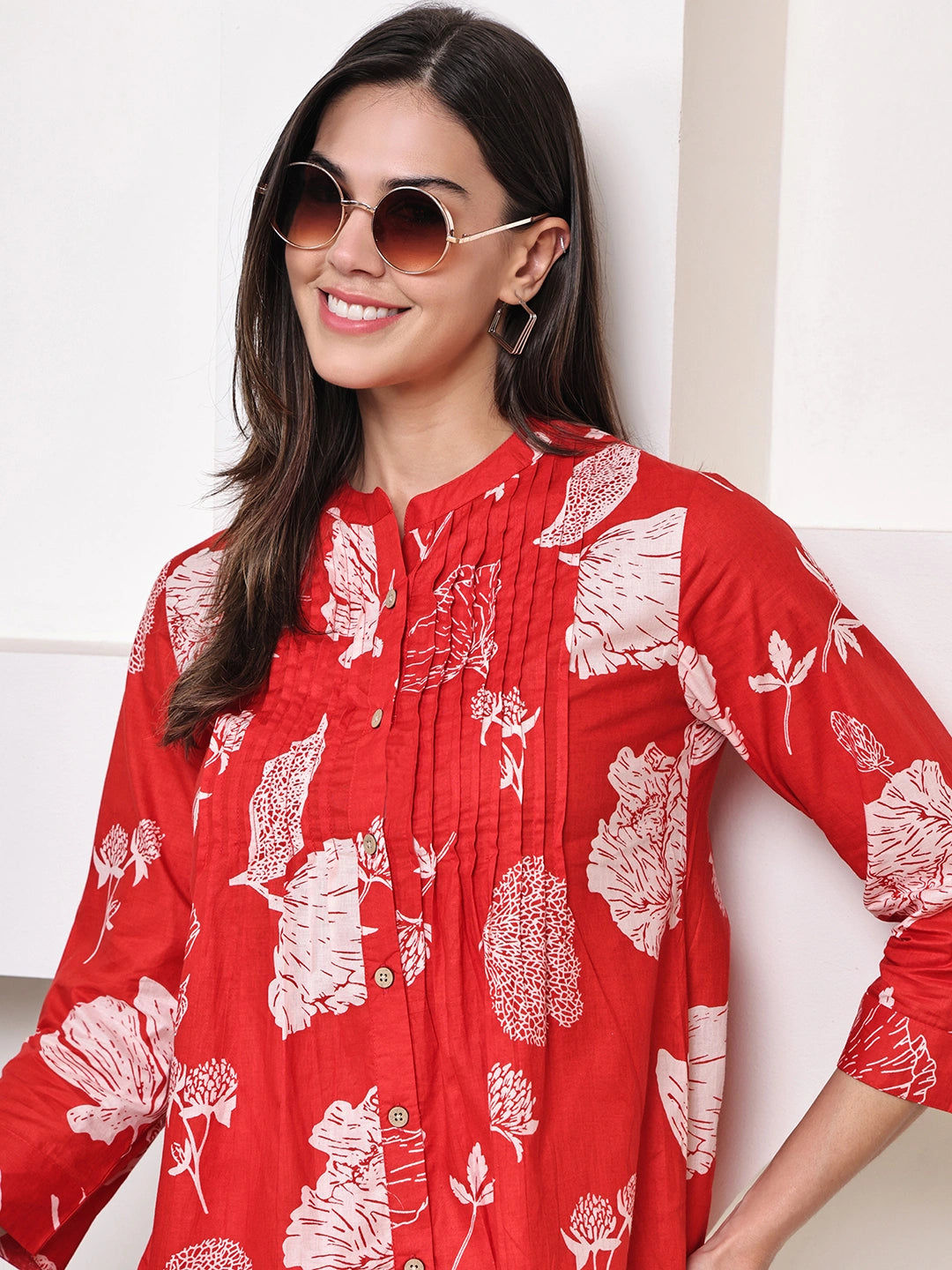 Red  Floral Pintuck Buttoned Pure Cotton Tops