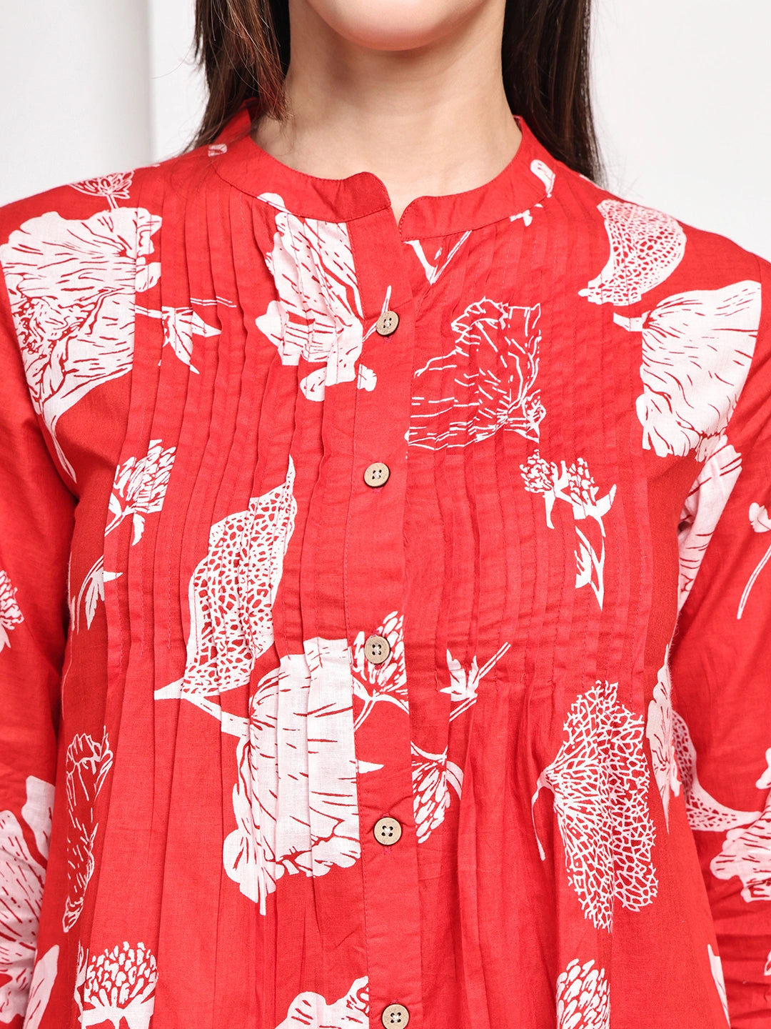Red  Floral Pintuck Buttoned Pure Cotton Tops