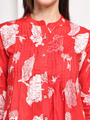 Red  Floral Pintuck Buttoned Pure Cotton Tops