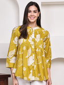 Mustard Yellow Floral Pintuck Buttoned Pure Cotton Tops