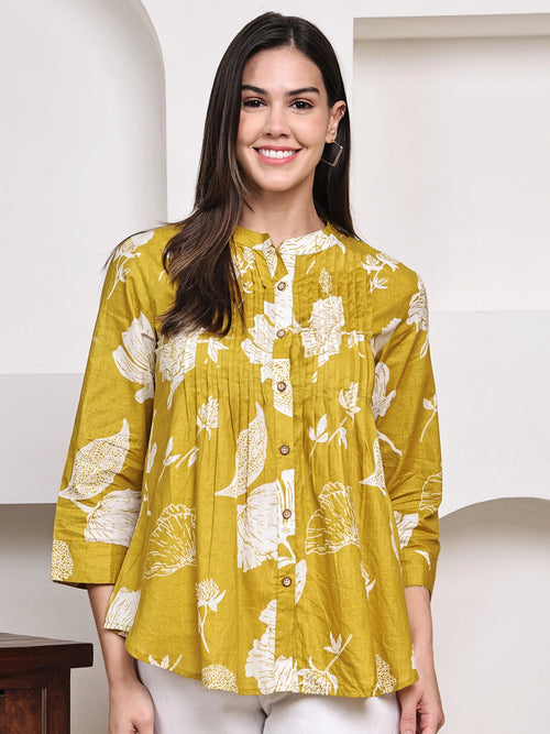 Mustard Yellow Floral Pintuck Buttoned Pure Cotton Tops