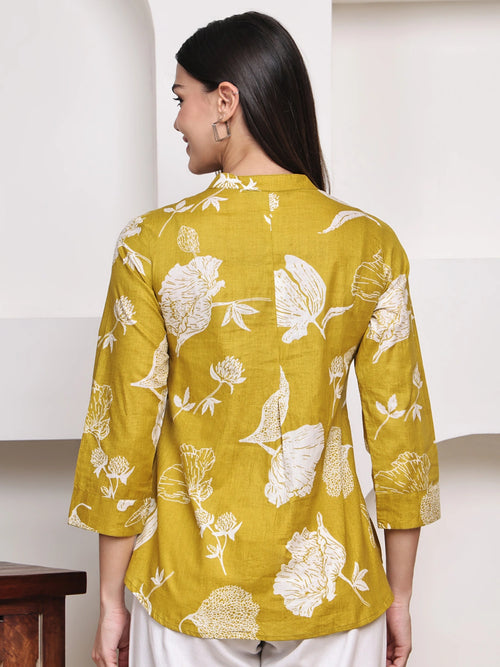 Mustard Yellow Floral Pintuck Buttoned Pure Cotton Tops