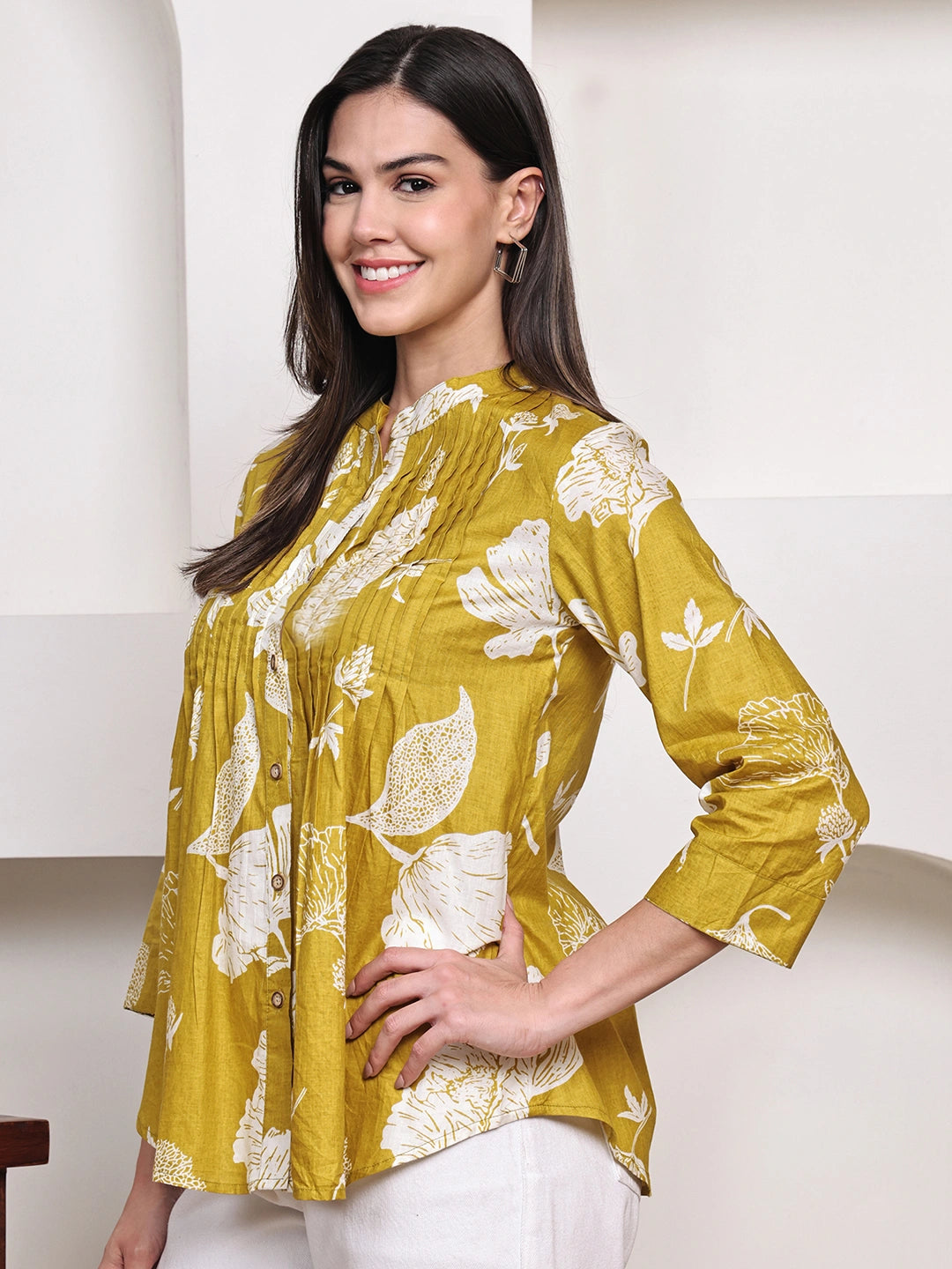 Mustard Yellow Floral Pintuck Buttoned Pure Cotton Tops