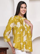 Mustard Yellow Floral Pintuck Buttoned Pure Cotton Tops