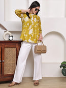Mustard Yellow Floral Pintuck Buttoned Pure Cotton Tops