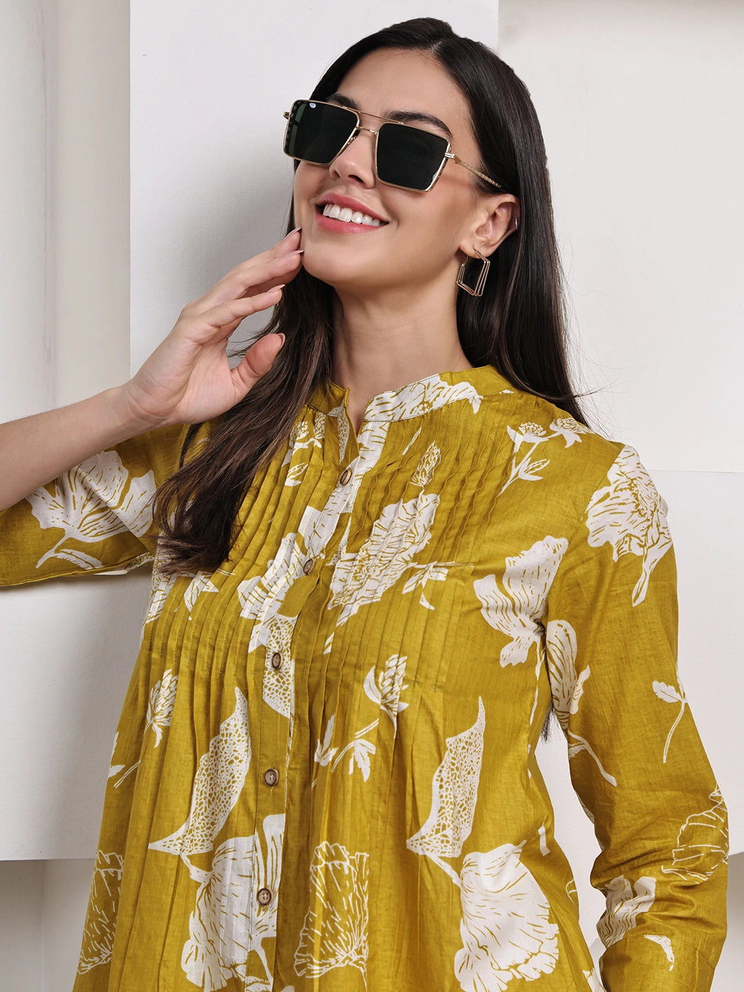 Mustard Yellow Floral Pintuck Buttoned Pure Cotton Tops