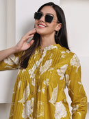 Mustard Yellow Floral Pintuck Buttoned Pure Cotton Tops