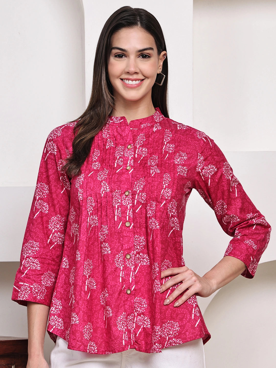 Magenta Pink Floral Pintuck Buttoned Pure Cotton Tops