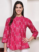 Magenta Pink Floral Pintuck Buttoned Pure Cotton Tops