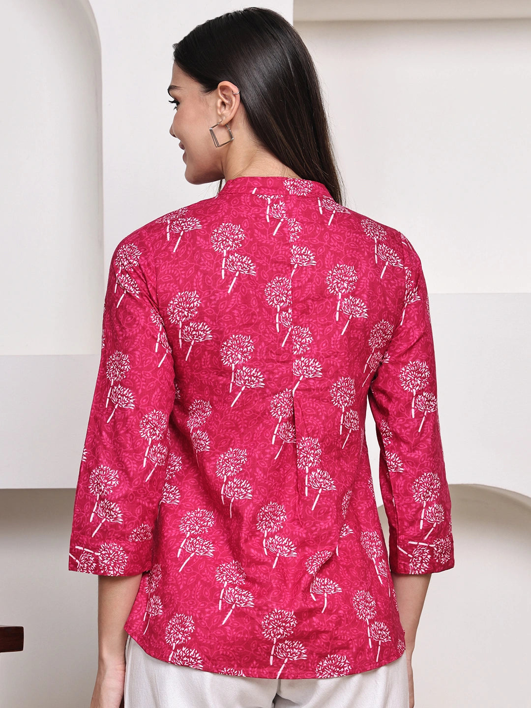 Magenta Pink Floral Pintuck Buttoned Pure Cotton Tops