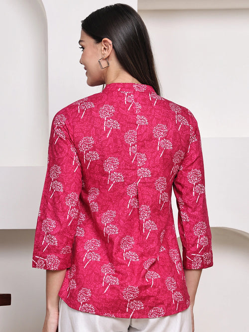 Magenta Pink Floral Pintuck Buttoned Pure Cotton Tops