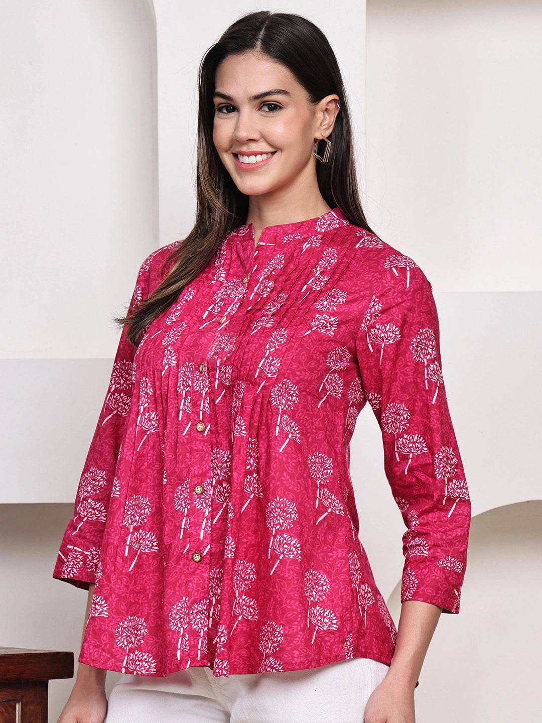 Magenta Pink Floral Pintuck Buttoned Pure Cotton Tops