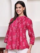 Magenta Pink Floral Pintuck Buttoned Pure Cotton Tops