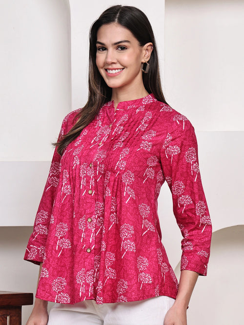 Magenta Pink Floral Pintuck Buttoned Pure Cotton Tops