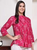 Magenta Pink Floral Pintuck Buttoned Pure Cotton Tops