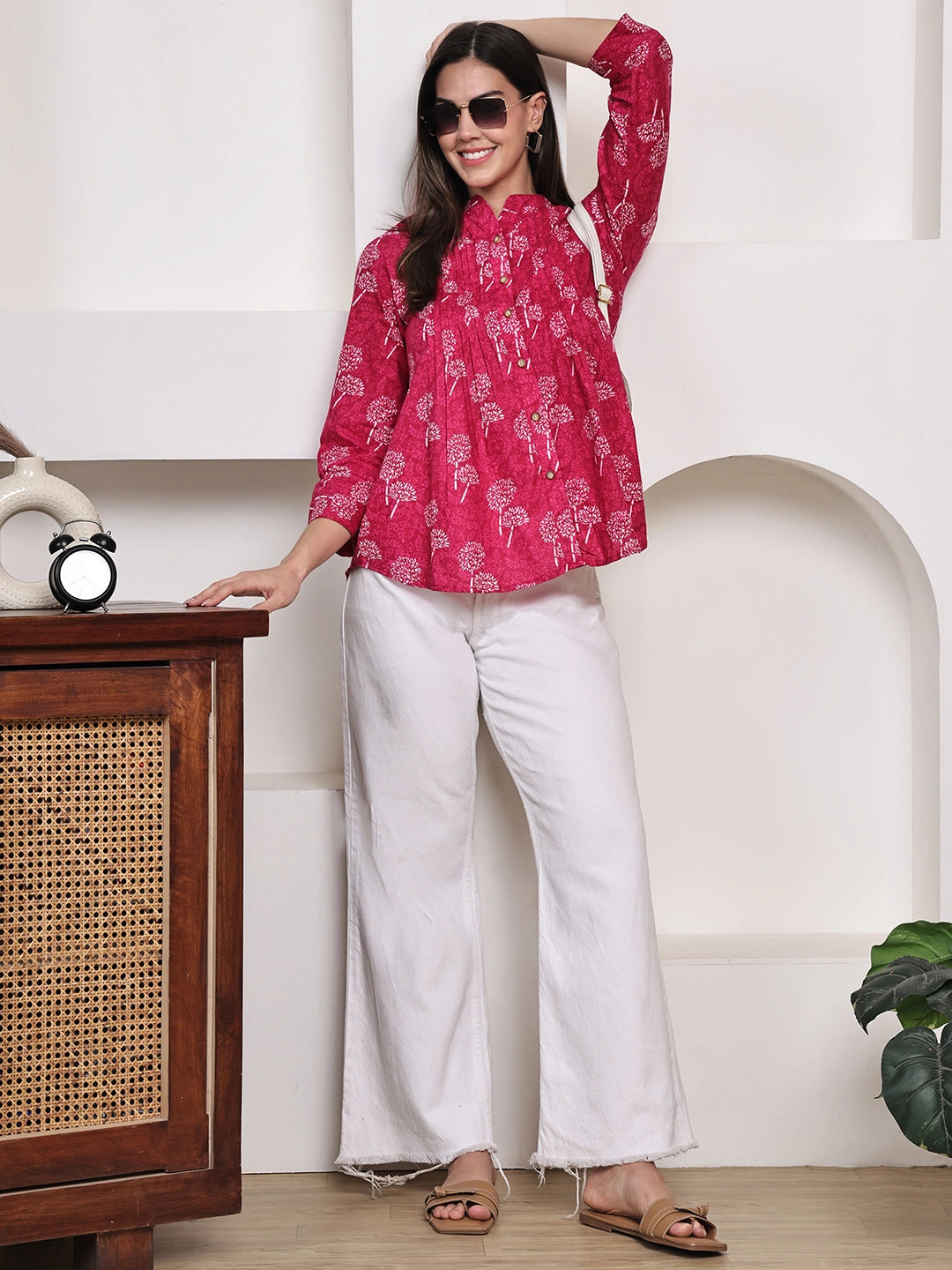 Magenta Pink Floral Pintuck Buttoned Pure Cotton Tops