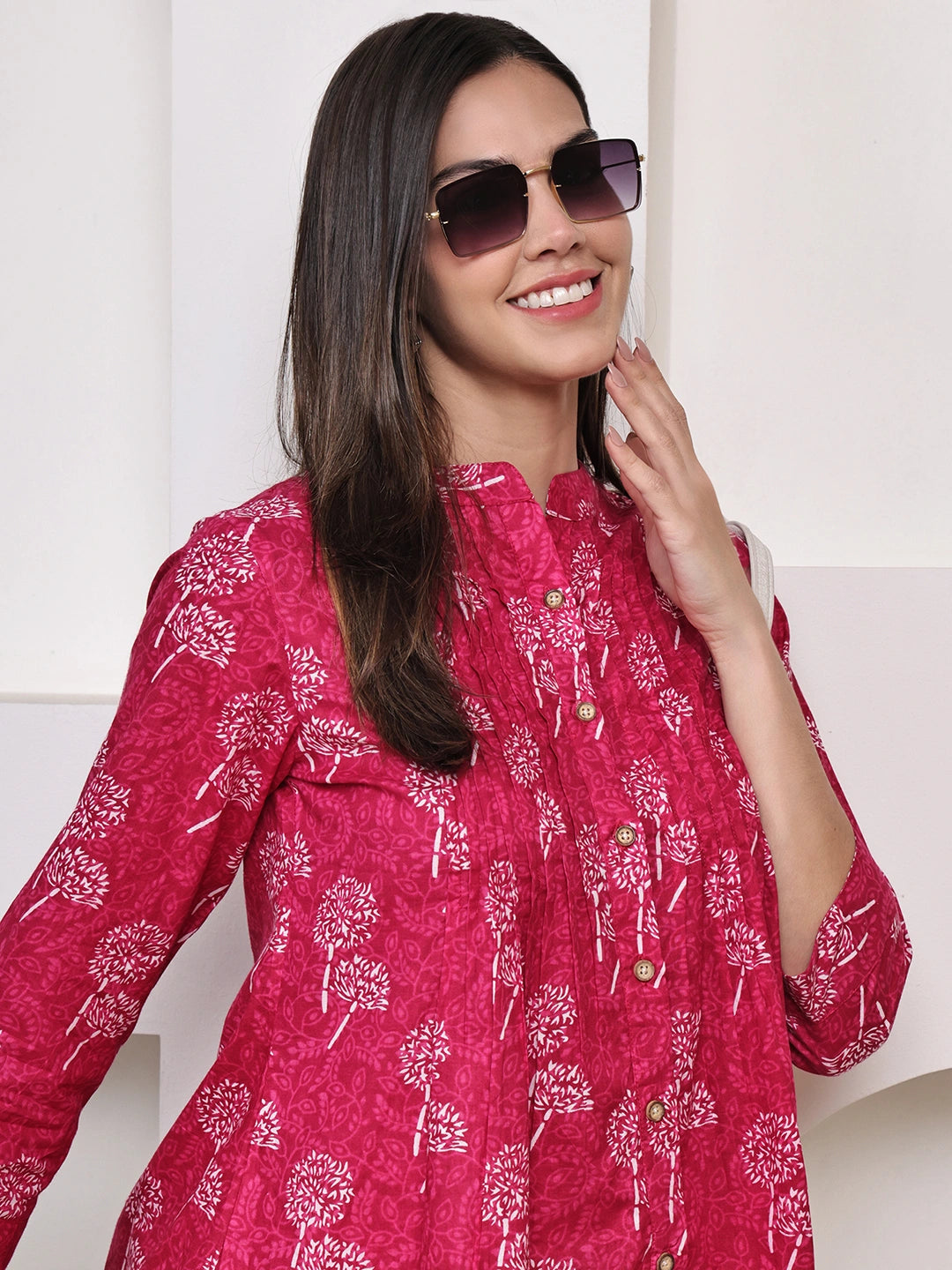 Magenta Pink Floral Pintuck Buttoned Pure Cotton Tops