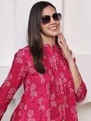 Magenta Pink Floral Pintuck Buttoned Pure Cotton Tops