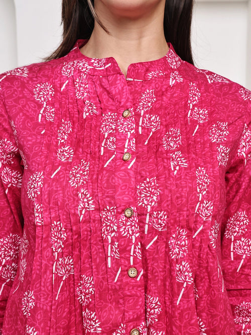Magenta Pink Floral Pintuck Buttoned Pure Cotton Tops
