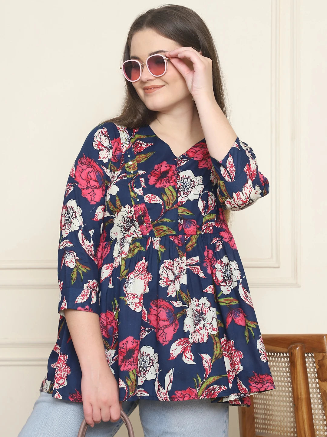 Frempy Women Navy & Pink Floral Pure Cotton Tops