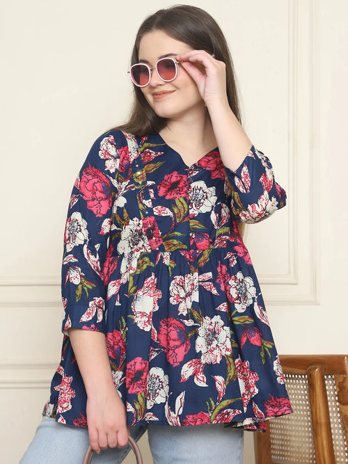 Frempy Women Navy & Pink Floral Pure Cotton Tops