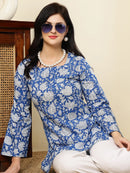Cobalt Blue Floral Printed  A-Line Pure Cotton Short Kurti