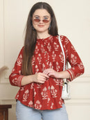 Frempy Women Maroon Motifs Printed Pure Cotton Top