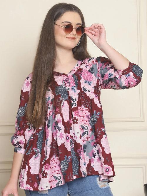 Frempy Women Maroon Printed Pure Cotton Top